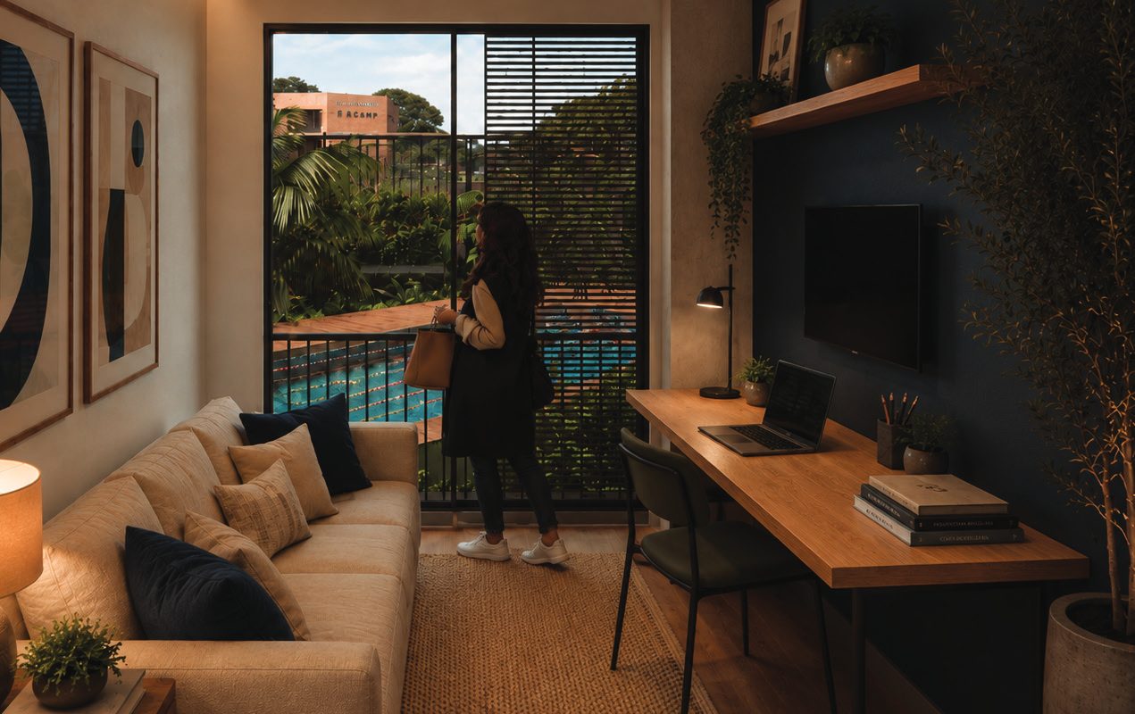 Sala de estar de um apartamento da moradia estudantil