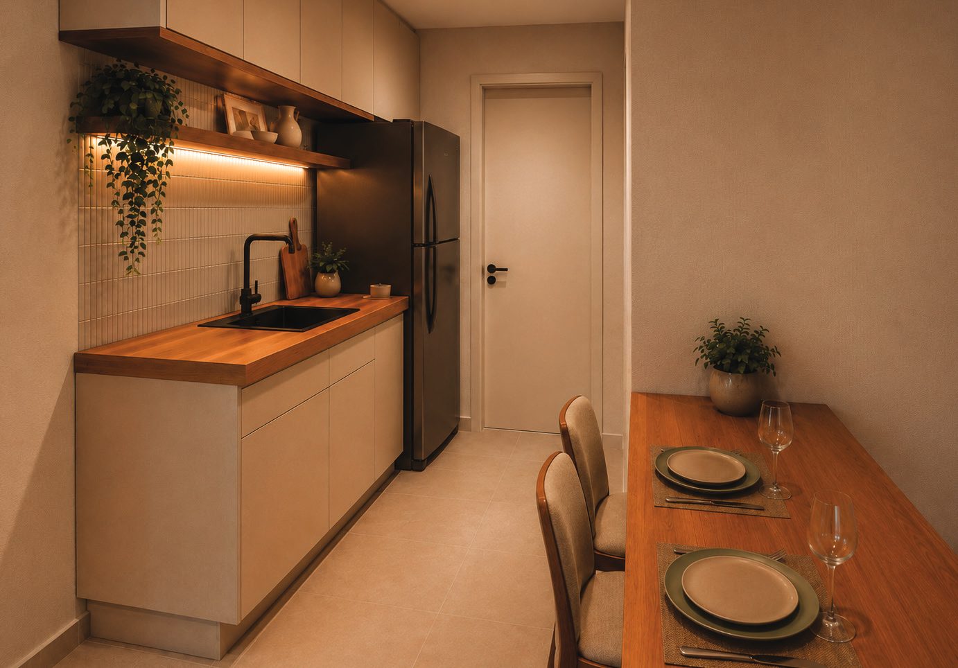 Cozinha e área de refeições de um apartamento da moradia estudantil